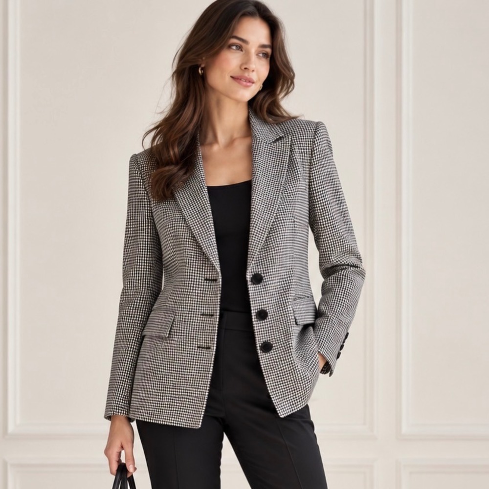 Karl Lagerfeld Blazer Women L Black White Houndstooth 3-Button Office Academia